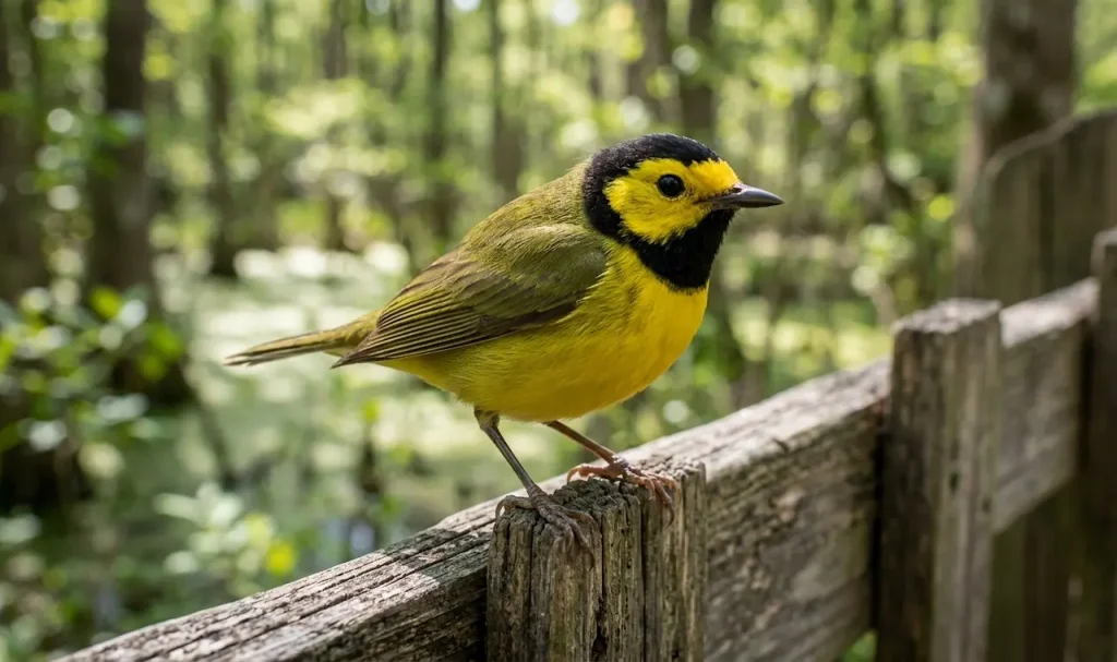 A Bachman's Warbler Perched on the Wooden Fence