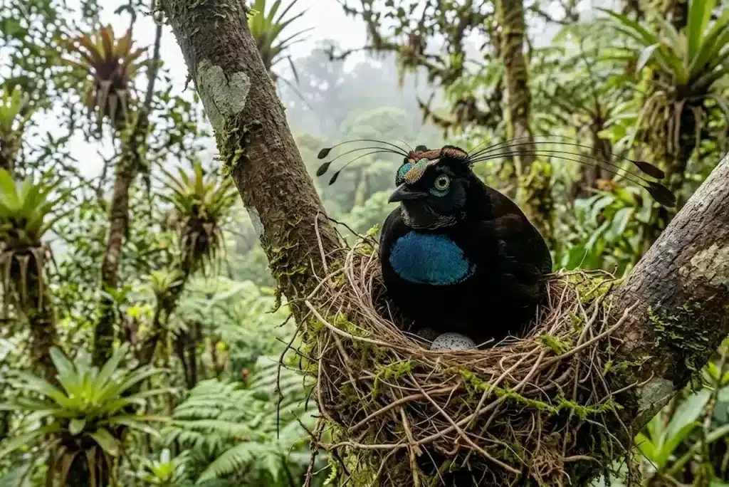 A Carola’s Parotia Bird Guarding its Nest 
