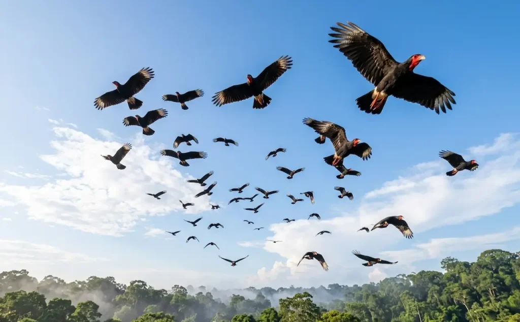 A Flock of Red-Throated Caracaras Soaring Above the Forest