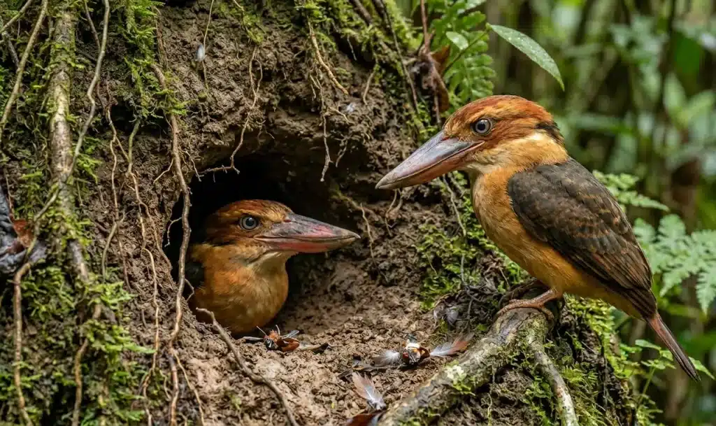 A Shovel Billed-Kingfisher Inside a Nest Hole with its Mate Outside