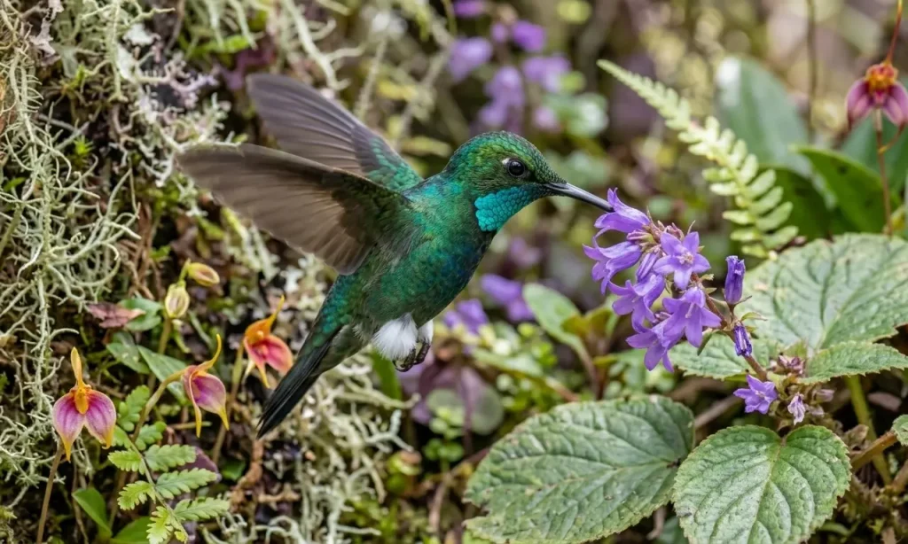 A Turquoise-throated Puffleg Hovers to Feed on Purple Bellflowers 