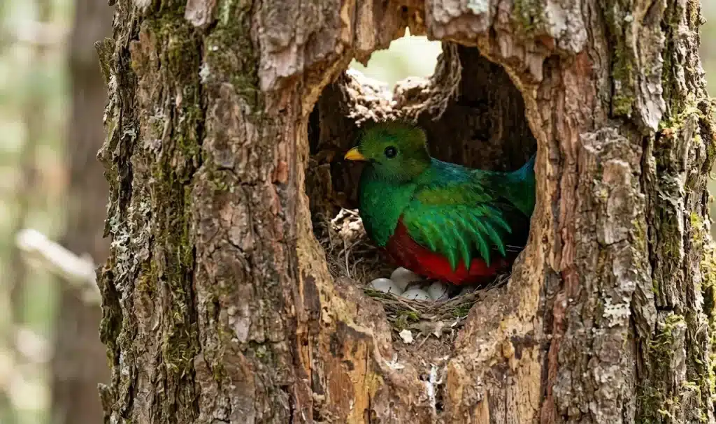 A Vibrant Eared Quetzal with a Bright Red Belly is Nestled Inside a Rough Tree in a Forest 