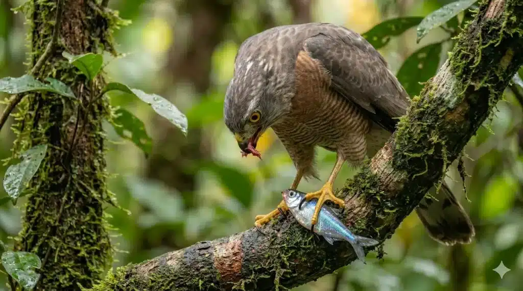A Vinous-Breasted Sparrowhawks Eating a Small Fish 