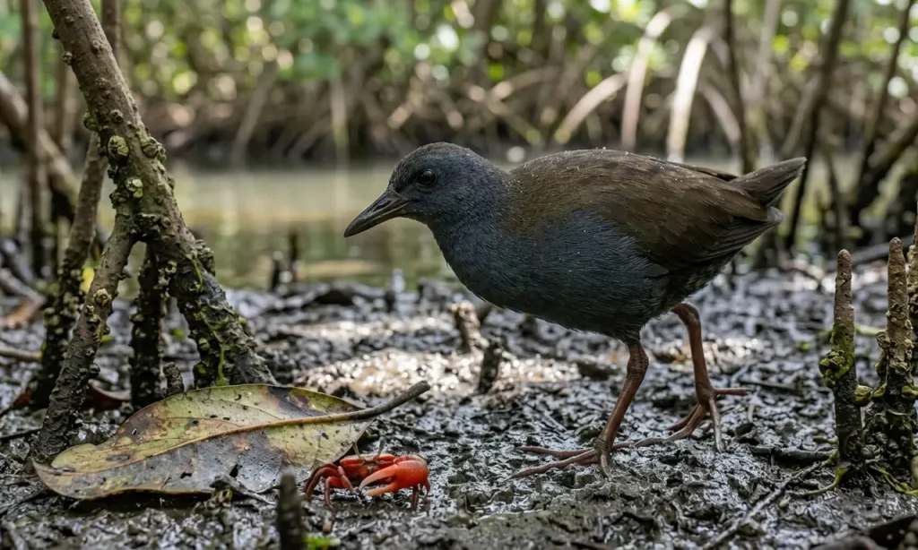 Kosrae Island Crake Hunts for Food on a Muddy Mangrove Floor 