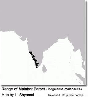 Range of Malabar Barbet (Megalaima malabarica)