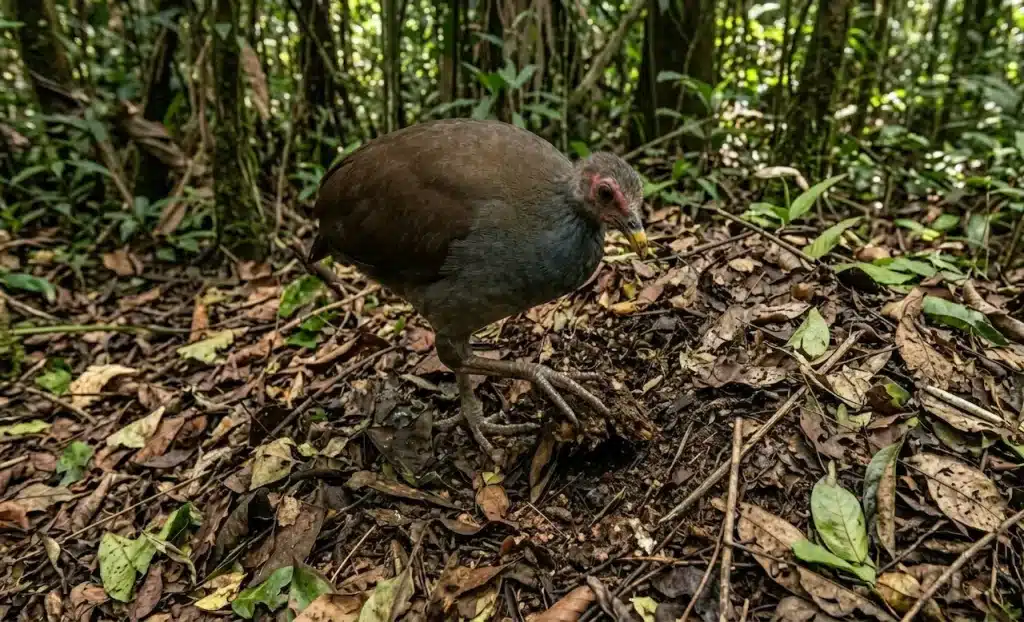Pile-builder Megapode Foraging Through Leaves on a Forest Floor 