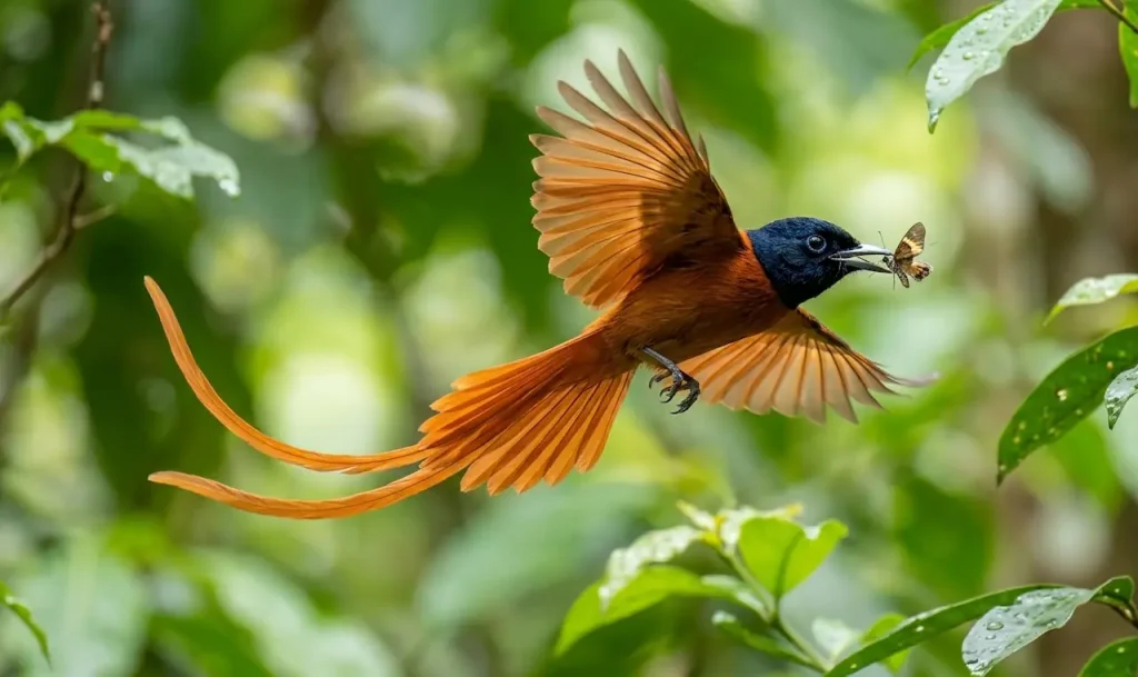 Red-bellied Paradise Flycatcher Hunting for Food
