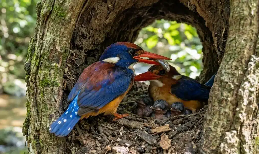 Ryukyu Kingfishers feed a fish to their chicks in the Nest