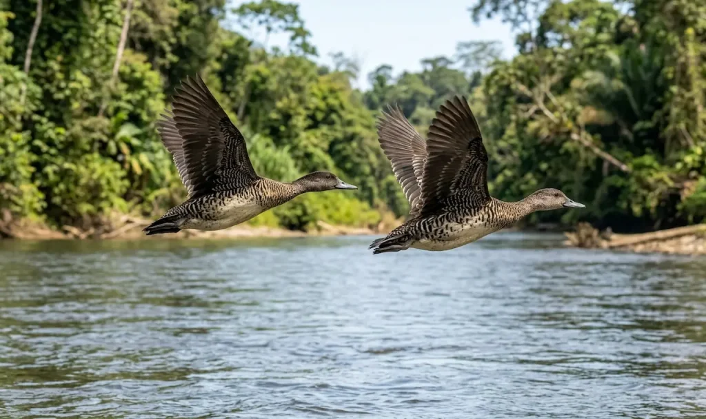 Salvadori's Ducks Flying Over the Water 