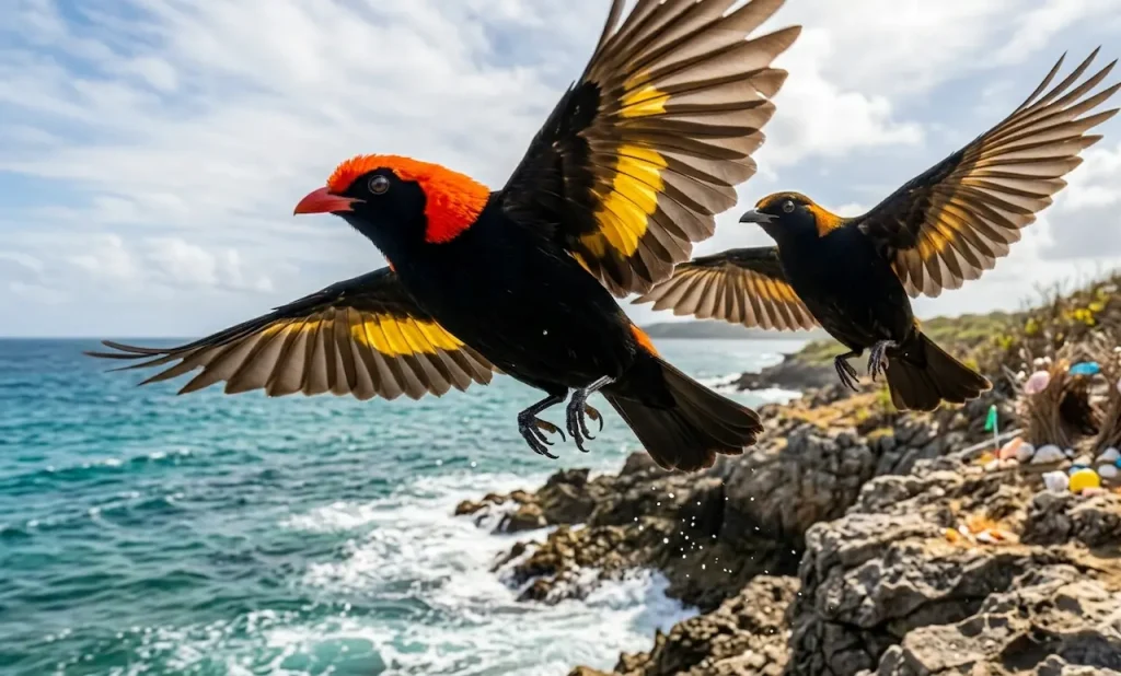 The Two Fire-maned Bowerbirds Flying Near the Sea