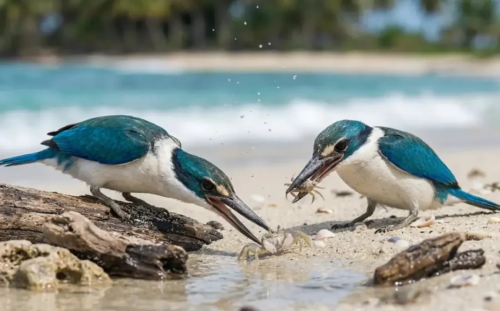 Two Beach Kingfishers Eating Small Crabs Along the Shore