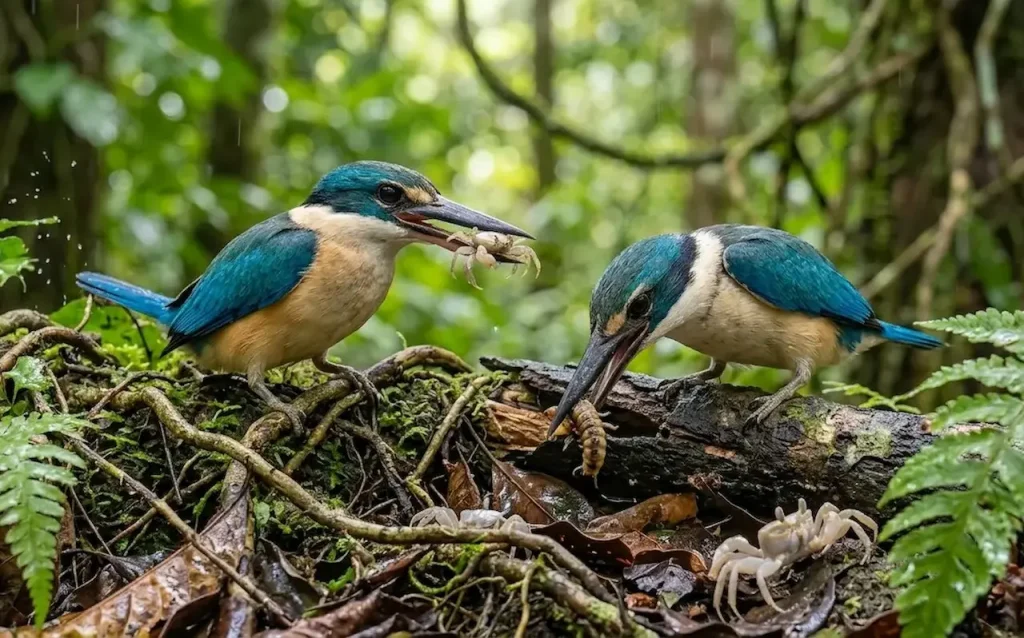 Two Flat-billed Kingfishers Eating Small Crabs and a Centipede