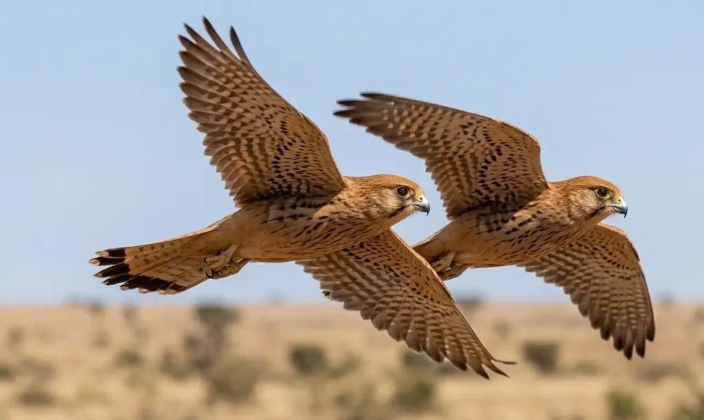 Two Fox Kestrels Flying in the Air 