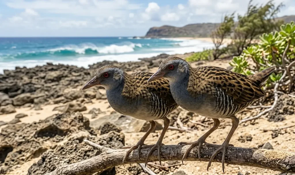 Two Great O'ahu Crakes Pearched in the Tree Trunk 