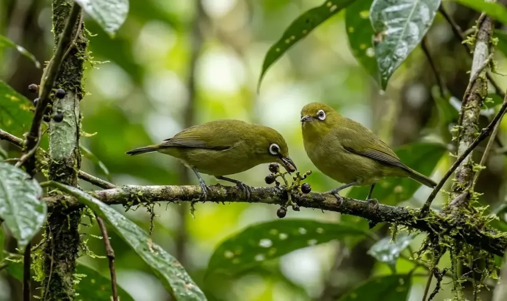Two Malaita White-Eyes Feeding on a Tiny Berry Together