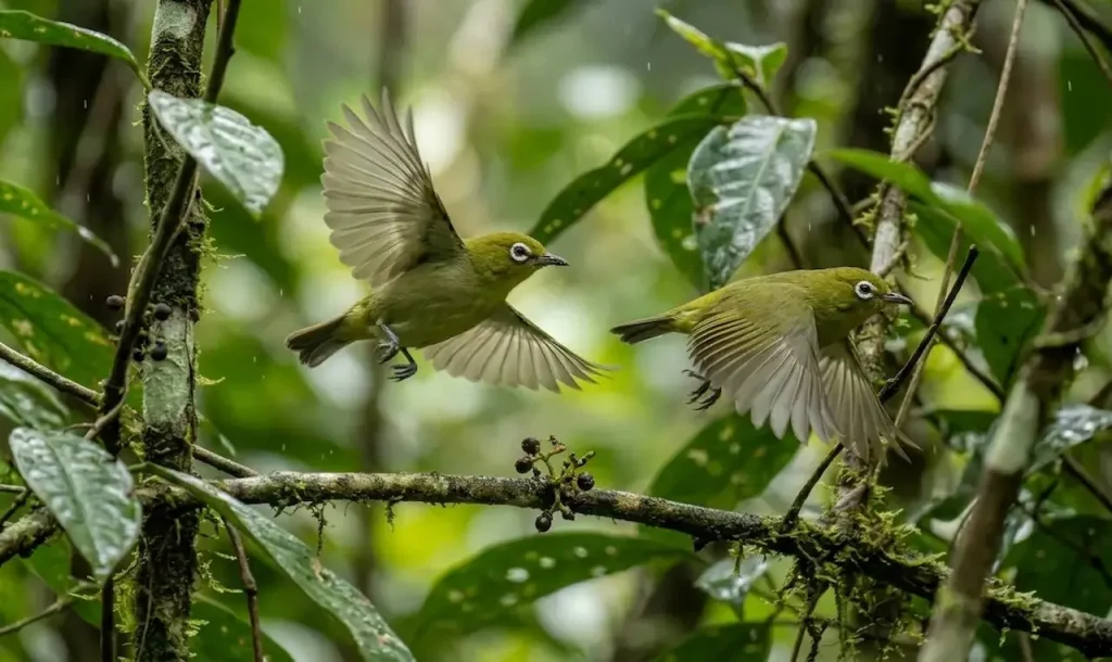 Two Malaita White-Eyes Flying Near Tree Branches 