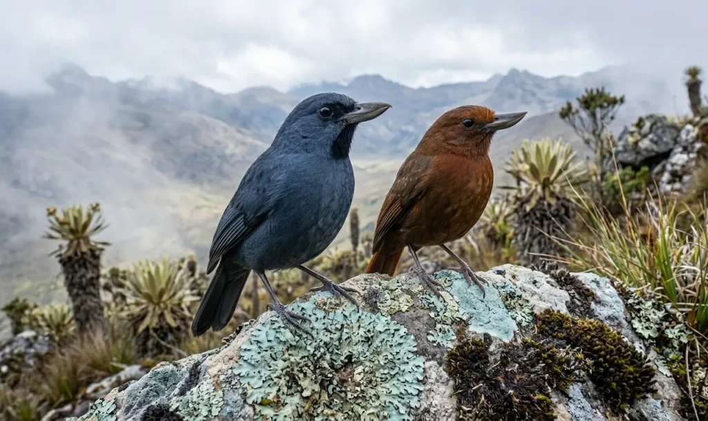 Two Recurve-billed Bushbirds Standing on a White Stone