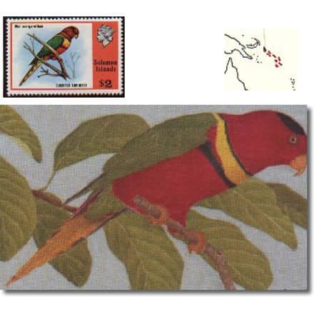 The image features a postage stamp from the Solomon Islands with an illustration of a vibrant parrot on a branch. Nearby, there's a small map showing their location in the Pacific Ocean. The main image shows the same parrot in greater detail, alongside Lord Howe Starlings dotting the background.