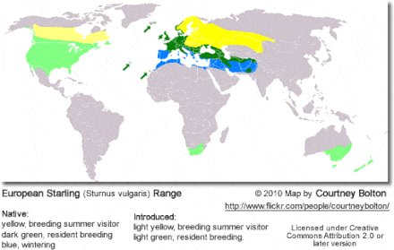 European Starling (Sturnus vulgaris) Range